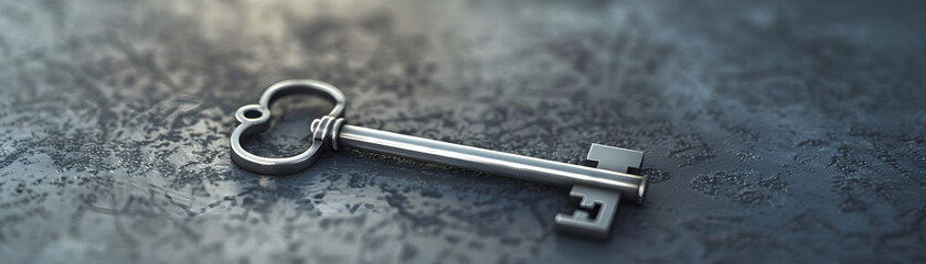 A silver key is laying on a surface. The key is open and has a heart-shaped handle. Concept of mystery and intrigue, as the key is not being used and is left open