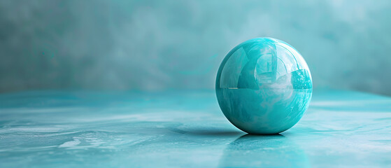 A blue ball sits on a blue surface. The ball is the focal point of the image, and the blue background creates a calming and serene atmosphere