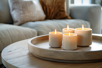 Obraz na płótnie Canvas Close up of wooden round coffee table with candles near sofa. Scandinavian interior design of modern living room, home.