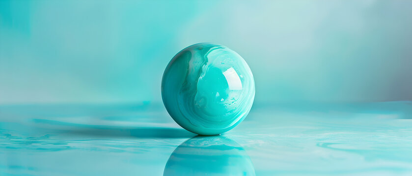A blue ball is sitting on a blue surface. The ball is surrounded by water, and the water is reflecting the ball. The image has a calm and serene mood, as the blue ball