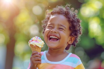 Child holding an ice cream cone on a hot summer day - obrazy, fototapety, plakaty