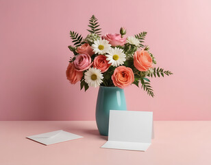 Blank greeting card mockup and flowers on pink background. Happy Mother's Day, Birthday, anniversary concept