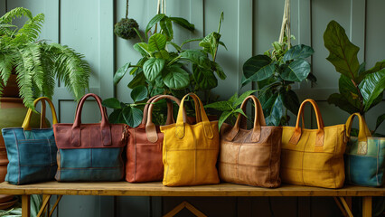 Sustainable Bags Collection- Illustrate a collection of bags made from sustainable materials. Highlight eco-friendliness and environmental consciousness