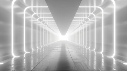 "3D White Room - Futuristic Space Tunnel with Neon Lights"