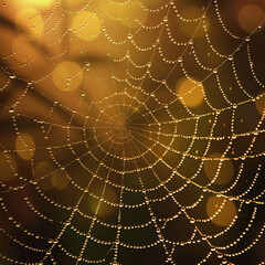 Vector 3D close-up of a dew-covered spider web, shimmering droplets, morning light,