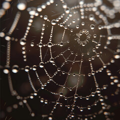 Vector 3D close-up of a dew-covered spider web, shimmering droplets, morning light,