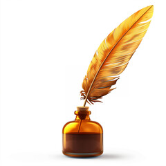 Vector 3D close-up of a feather quill in ink pot, historical writing concept