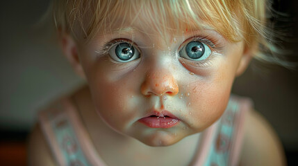 baby with Melancholy: Heavy sighs, distant gaze, soul weighed down with sorrow. - obrazy, fototapety, plakaty