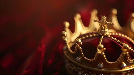 A gold crown sits on a red background. The crown is ornate and has a cross on top. The red background adds a sense of royalty and grandeur to the image