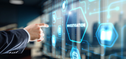 Investigation Business concept. Man presses investigations button on a virtual screen - 793550725