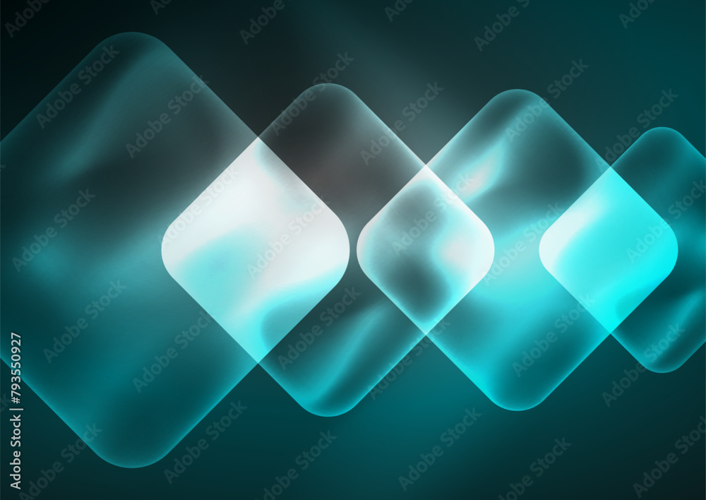 Aufkleber A row of Font glowing squares in Aqua, Electric blue, and Magenta on a dark blue background with Circle and Rectangle shapes. Transparent material and Transparency create a modern logo design