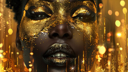 close up beauty portrait afro american woman with golden make up