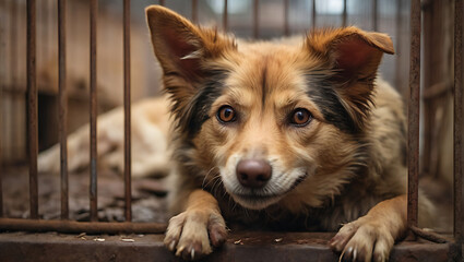 Closeup of A Stray homeless dog in animal shelter cage with an abandoned hungry dog behind old rusty grid of the cage in shelter, homeless animals, dirty - obrazy, fototapety, plakaty