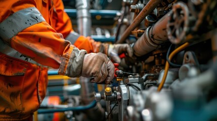 Close-up view of an engineer's hands as they perform maintenance on wind turbines, ships, and airplanes, illustrating their role in keeping vital systems running smoothly.