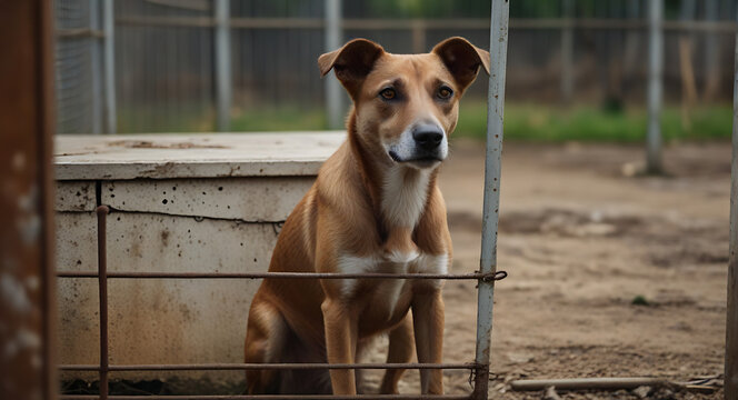Closeup of A Stray homeless dog in animal shelter cage with an abandoned hungry dog behind old rusty grid of the cage in shelter, homeless animals, stray