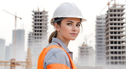 Diffused watermark Portrait of a young construction worker woman with safety helmet with diffused watermark of city buildings under construction on white background with copy space, Woman Architect