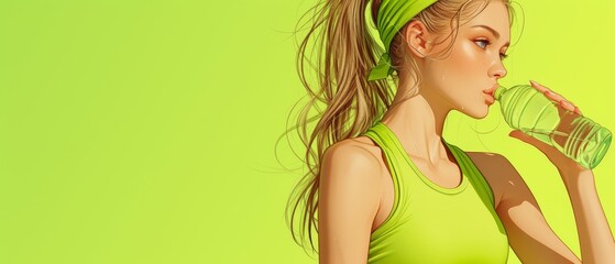 Active Woman in Sportswear Enjoying Refreshing Drink with Sports Bottle in Green Background: Healthy Lifestyle and Fitness Concept
