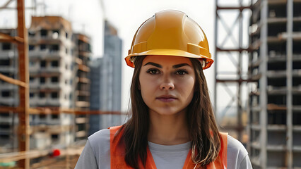 Diffused watermark Portrait of a young construction worker woman with safety helmet with diffused watermark of city buildings under construction on white background with copy space, front view