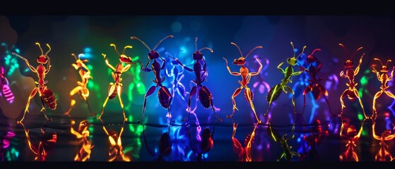 silhouettes of colorful fluorescent ants
