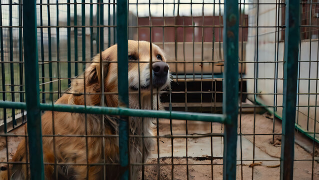 Closeup of A Stray homeless dog in animal shelter cage with an abandoned hungry dog behind old rusty grid of the cage in shelter, homeless animals, 