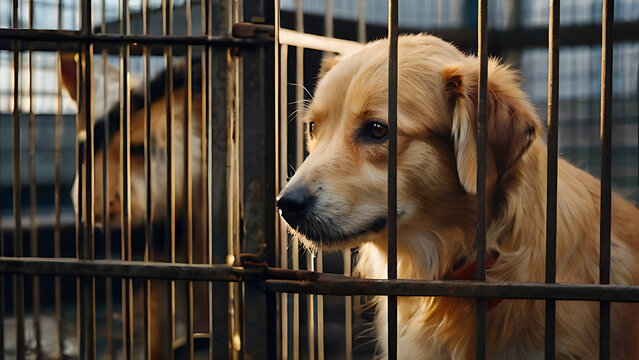 Closeup of A Stray homeless dog in animal shelter cage with an abandoned hungry dog behind old rusty grid of the cage in shelter, homeless animals, sad