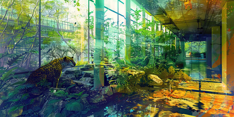 Synthetic Environment: The Artificial Habitat and Adaptation - Visualize an animal in an artificial habitat, symbolizing its adaptation to a synthetic environment