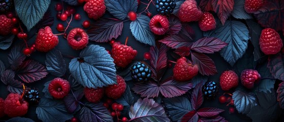 fruits and leaves of raspberries and blackberries, kitchen glasss