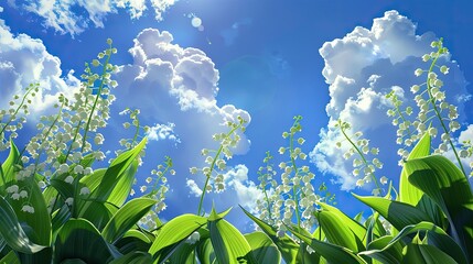Obraz premium Lilies of the valley standing tall against the vivid blue sky