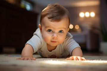 Happy adorable baby boy bodysuit crawling on knee and arms on light beige home carpet. Posing and looking at camera.
