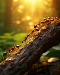 A line of ants carrying food on a wooden surface, teamwork and cooperation theme, focus on the leading ant, blurred background