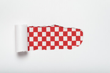 Torn hole in white paper revealing red and white checkered textile background. Restaurant...