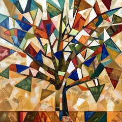 A colorful painting of a tree with many different colored pieces
