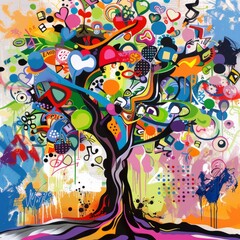 A colorful tree with many different shapes and colors