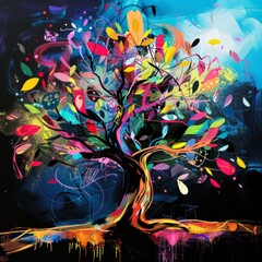 A colorful tree with many branches and leaves