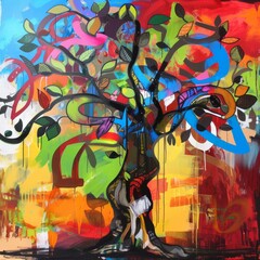 A colorful tree with leaves in various colors and shapes