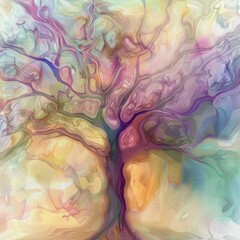 A colorful painting of a tree with purple and yellow leaves
