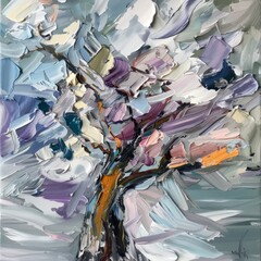 A painting of a tree with purple and orange colors