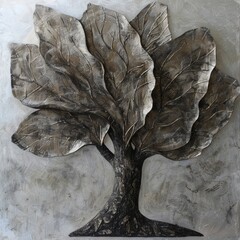 A tree made of leaves is painted on a gray background