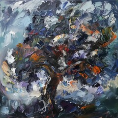 A painting of a tree with many colors and brush strokes