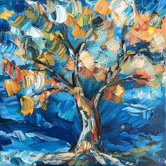 A painting of a tree with blue and orange colors