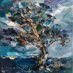 A painting of a tree with a blue sky in the background