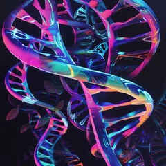 A colorful spiral of DNA strands with a leafy green stem