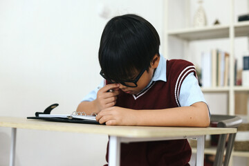 Serious Little Asian boy doing his homework with book in study room