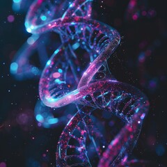 A colorful DNA strand with a blue and purple hue