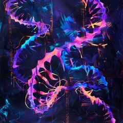 A colorful abstract painting with a purple and blue background and a green