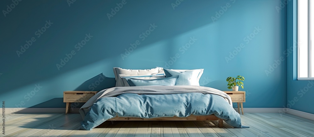 Canvas Prints bedroom with blue walls, bed, table, flowerpot, houseplant, pillow