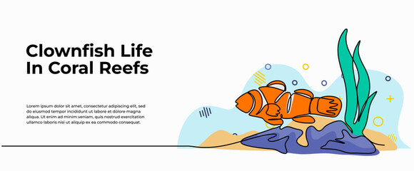 Vector illustration of clownfish life in coral reefs. Modern flat in continuous line style.