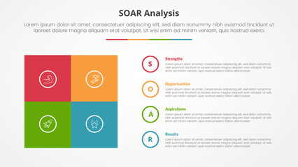 SOAR analysis infographic concept for slide presentation with square box matrix with circle outline stack with 4 point list with flat style
