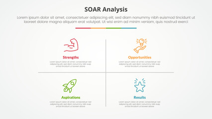 SOAR analysis infographic concept for slide presentation with matrix structure and line divider with 4 point list with flat style