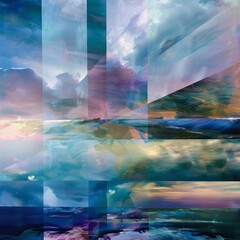 A collage of images of the ocean and sky with a blue and purple color scheme